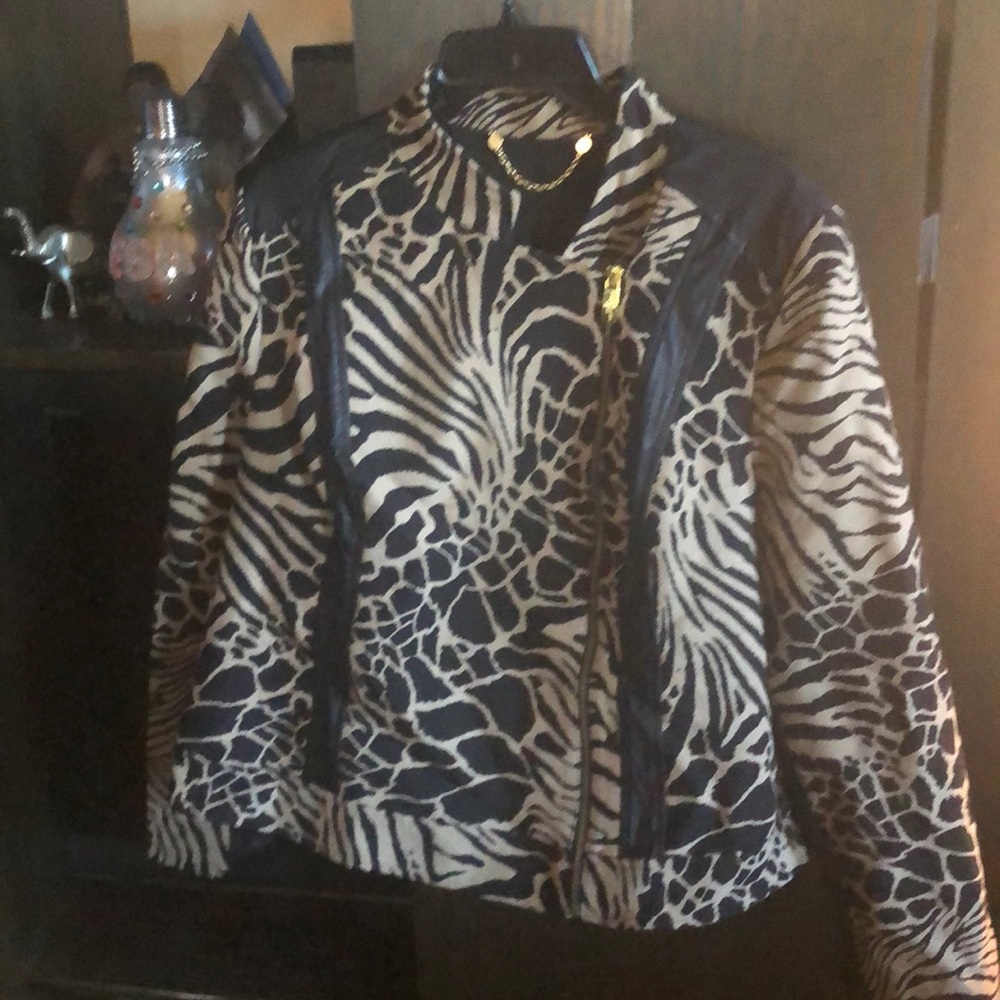 Black Label bikers jkt. Ctn/ polyester animal print faux leather trim